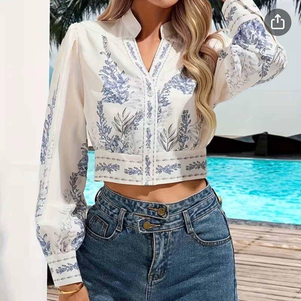 SHEIN White and Blue Botanical Blouse